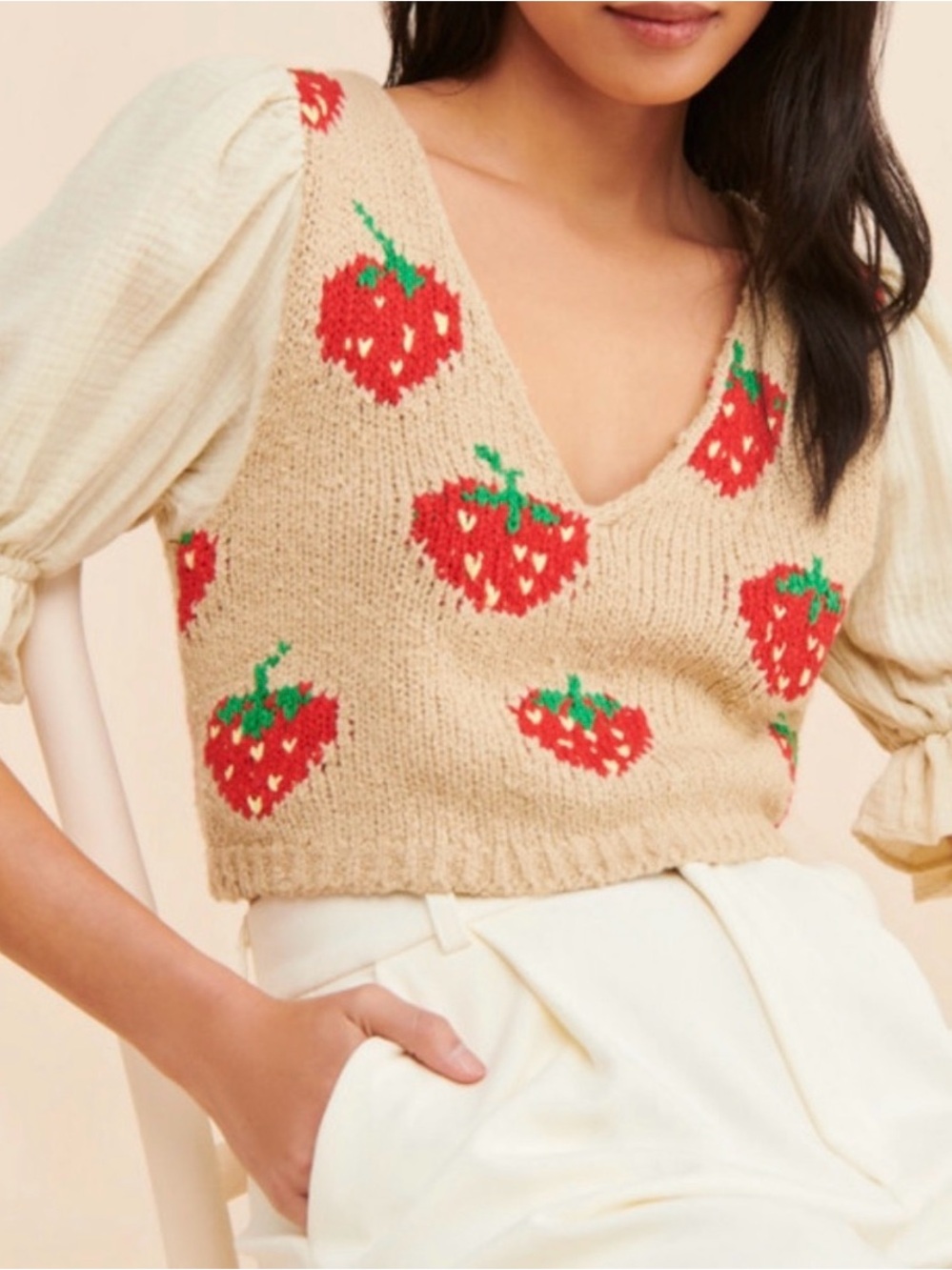 FREE PEOPLE Strawberry Jam Crop Top XS Puff Sleeve Knit Boho - Picture 2 of 16